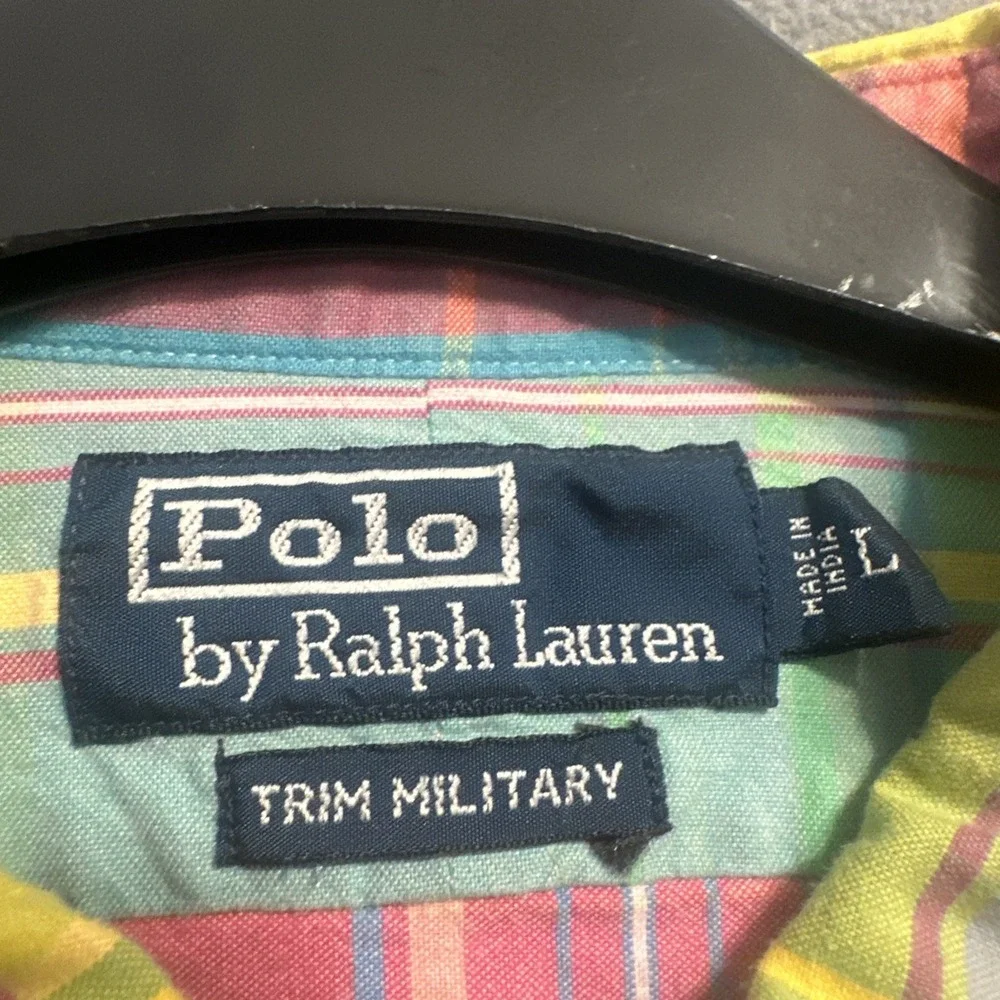 Vintage Polo Ralph Lauren Trim Military Epaulettes Shirt Mens L Madras Plaid